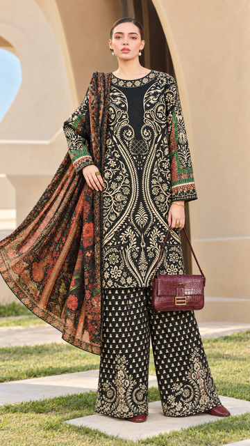 Black & Beige Luxury Printed 3-Piece Suit – Customized Stitched | Ayesha Boutique
