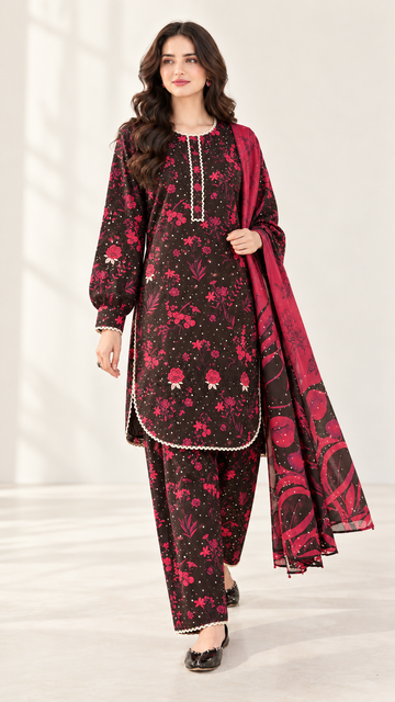 Black & Red Floral Printed 3-Piece Suit – Customized Stitched | Ayesha Boutique