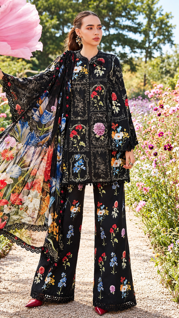 Black Multicolor Floral Printed 3-Piece Suit – Customized Stitched | Ayesha Boutique