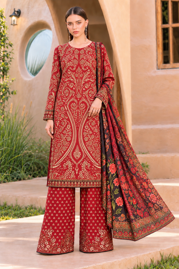 Royal Red Traditional Printed 3-Piece Suit – Customized Stitched | Ayesha Boutique