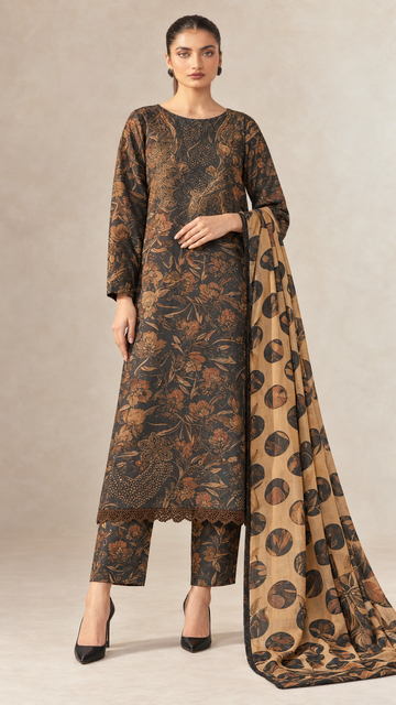Chocolate Brown Botanical Printed 3-Piece Suit – Customized Stitched | Ayesha Boutique