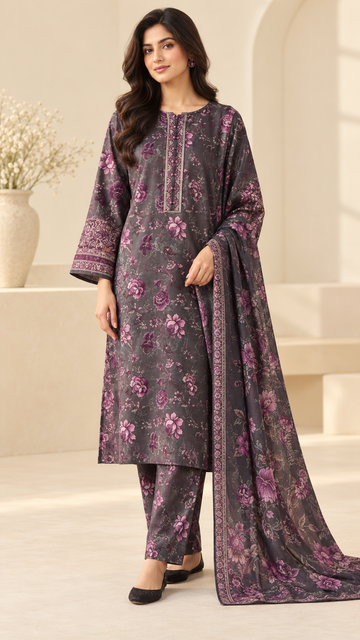 Charcoal Purple Floral Printed 3-Piece Suit – Customized Stitched | Ayesha Boutique