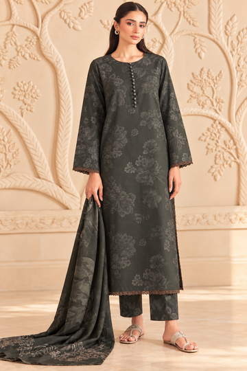 Charcoal Black Floral Printed 3-Piece Suit – Customized Stitched | Ayesha Boutique