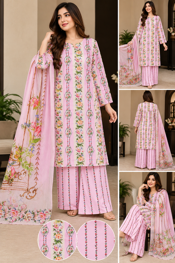 Elegant Pink Floral Printed 3-Piece Suit