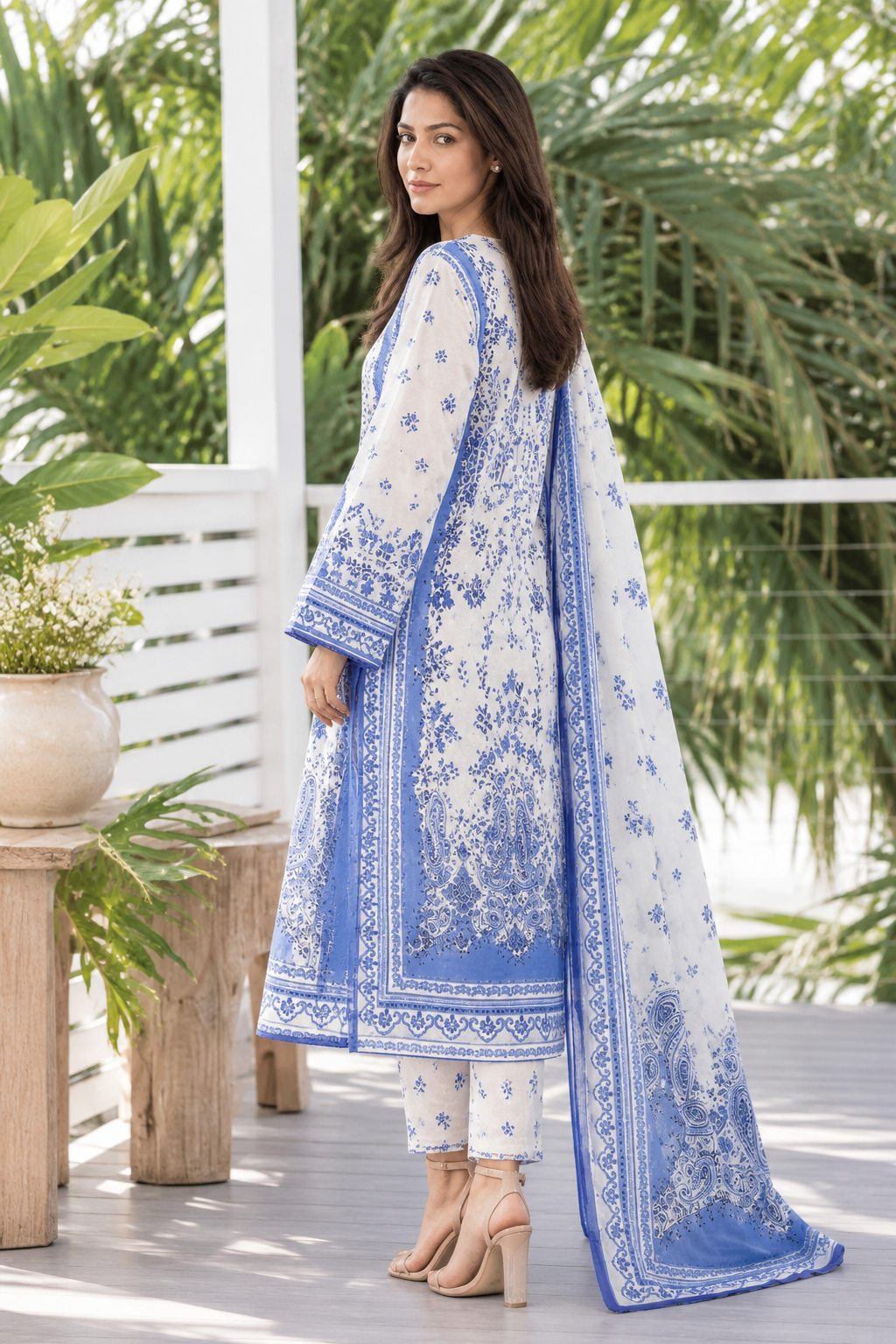 Blue Paisley Printed Lawn 3-Piece Suit with Dupatta