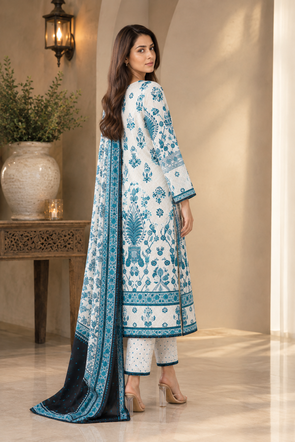 Teal Floral Printed Lawn 3-Piece Suit with Dupatta