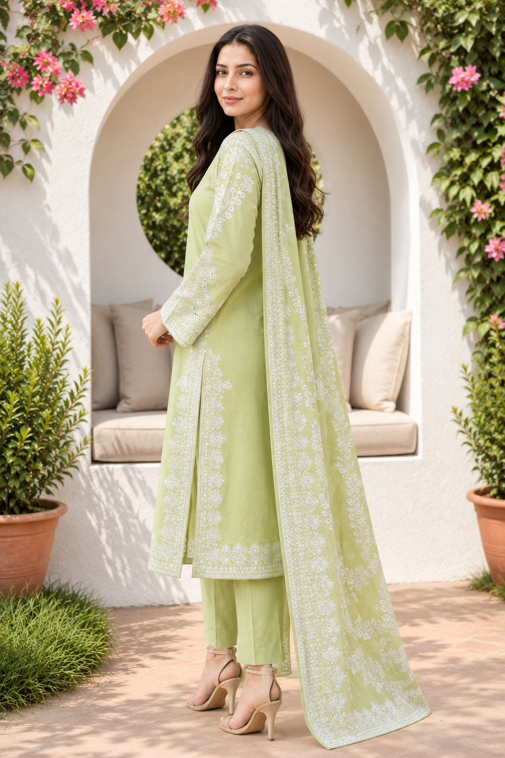 Sage Green Chikankari Embroidered Lawn 3-Piece Suit