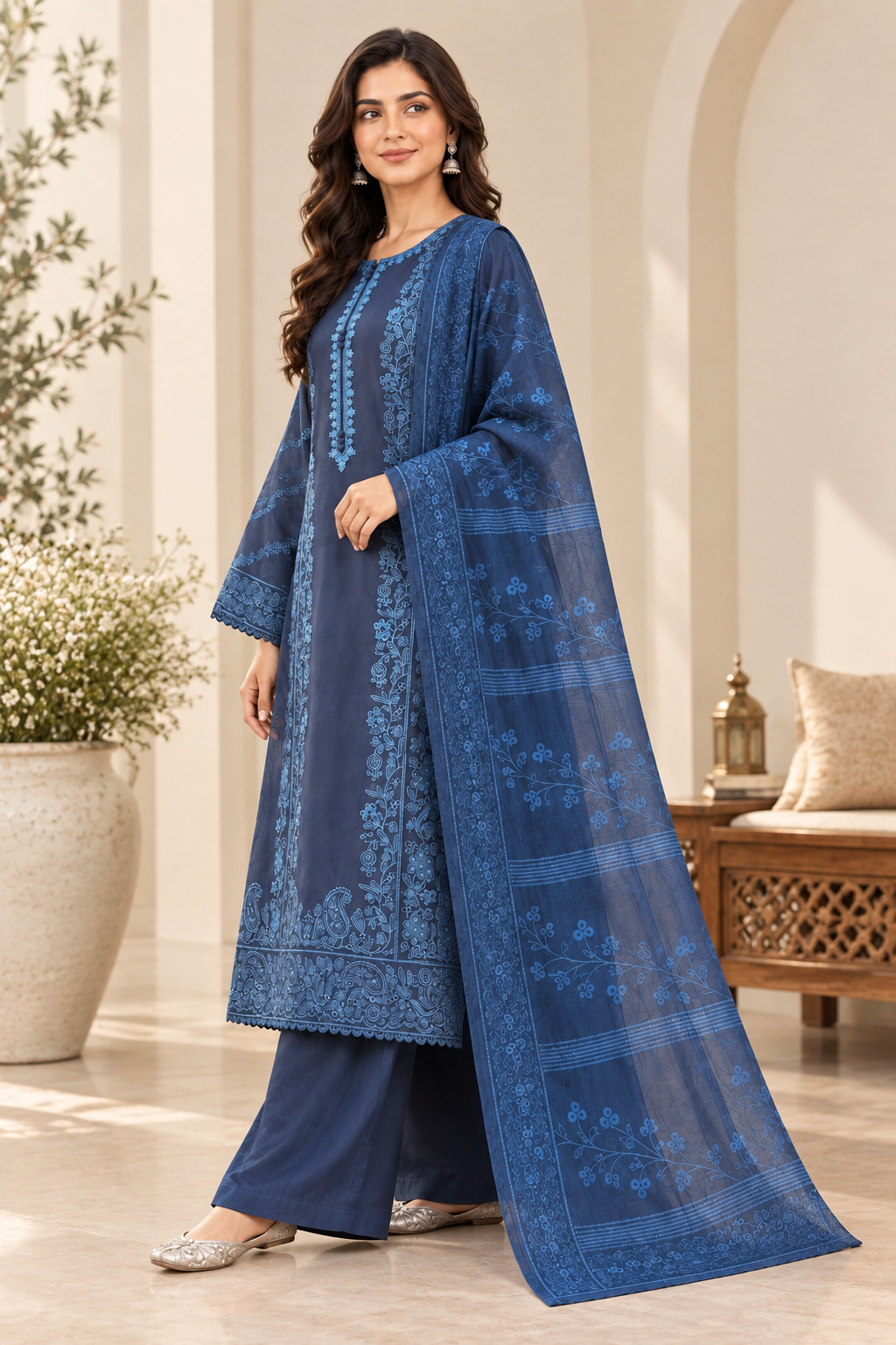 Steel Blue Embroidered Pakistani Lawn 3-Piece Suit