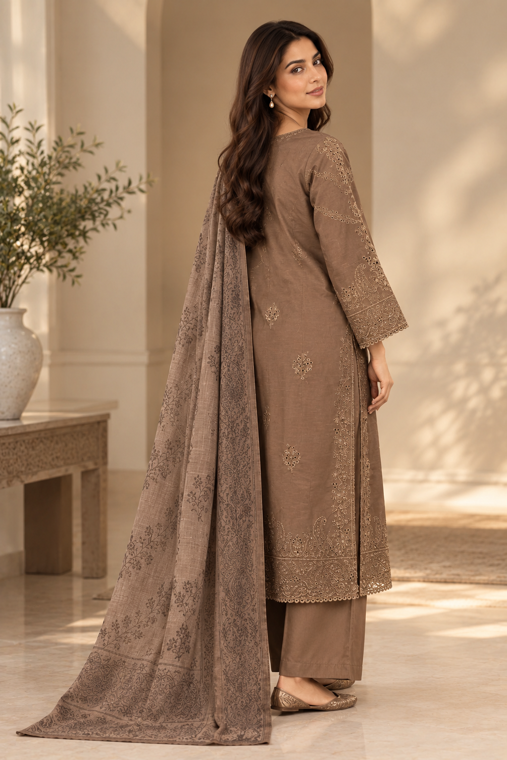 Mocha Brown Embroidered Pakistani Lawn 3-Piece Suit