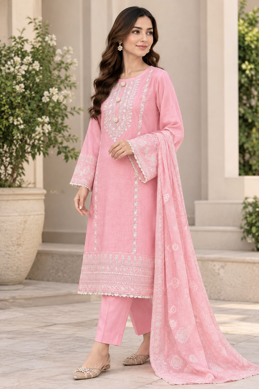Blush Pink Chikankari Embroidered Pakistani Lawn 3-Piece Suit