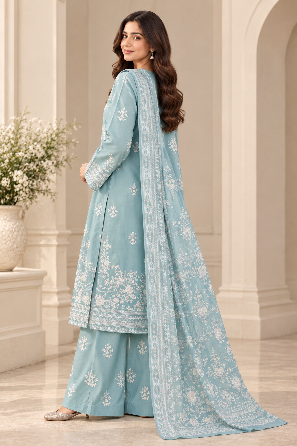 Sky Blue Floral Embroidered Pakistani Sharara Suit