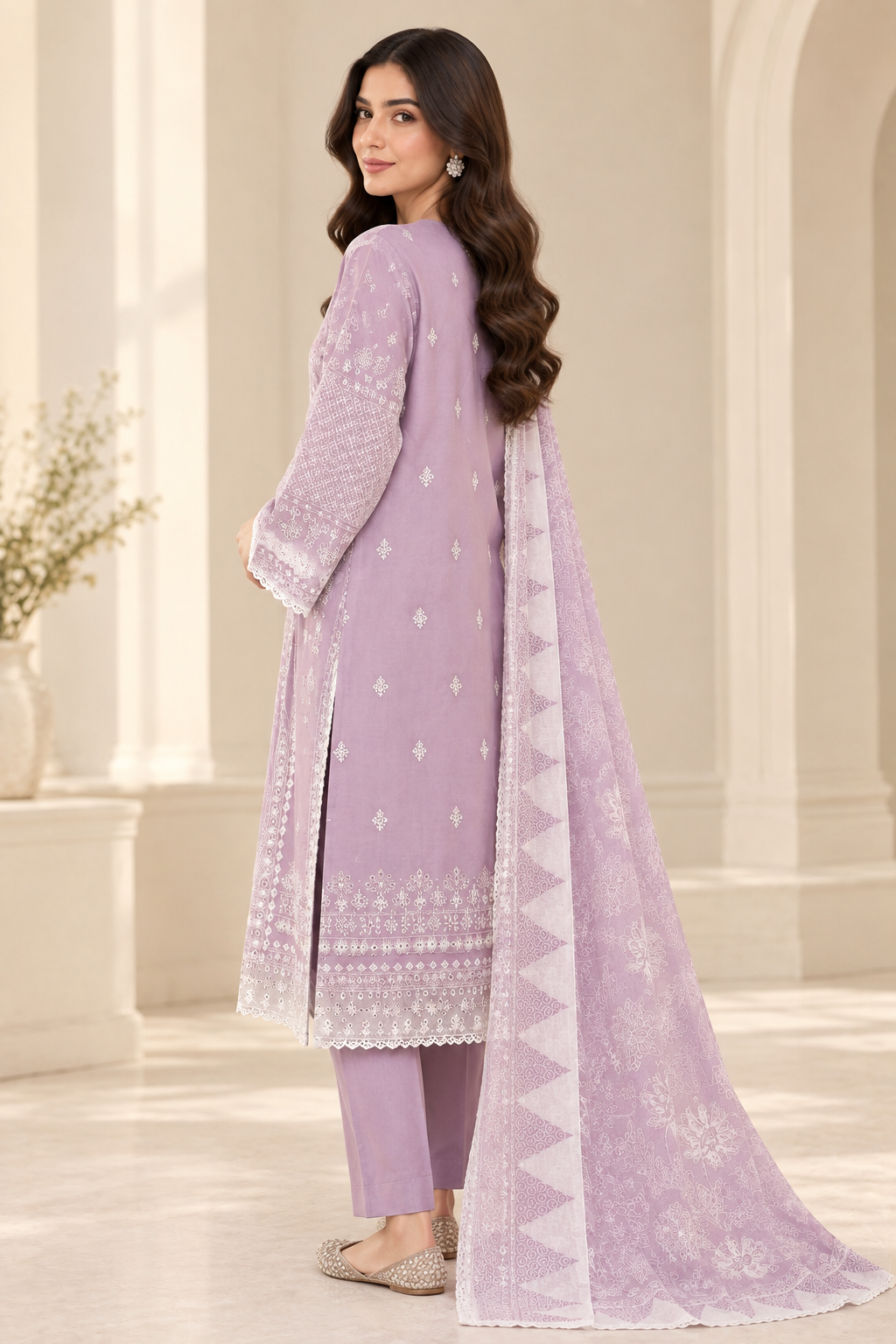 Lavender Chikankari Embroidered Pakistani Lawn 3-Piece Suit