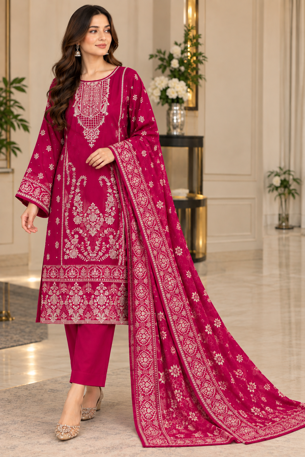 Crimson Red Embroidered Pakistani Lawn 3-Piece Suit