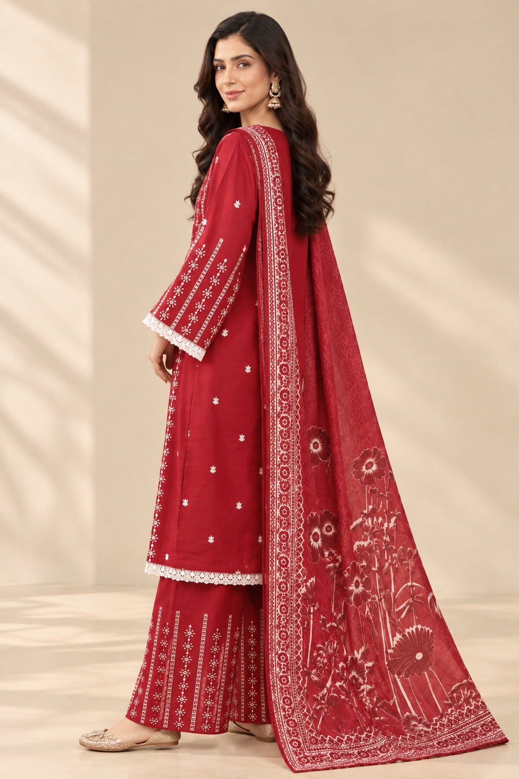 Ruby Red Floral Embroidered Pakistani Lawn Palazzo Suit
