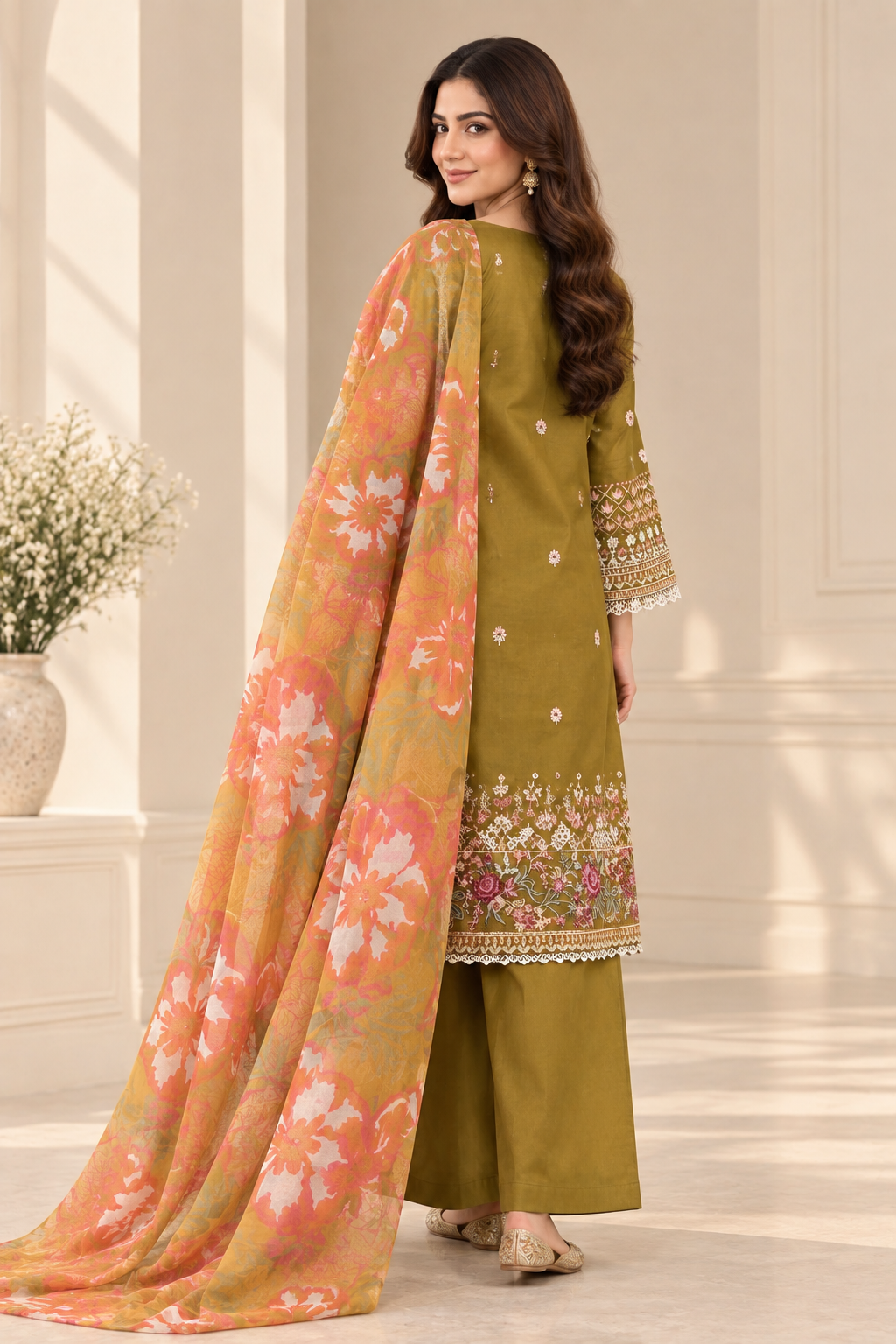 Olive Green Embroidered Pakistani Lawn Palazzo Suit