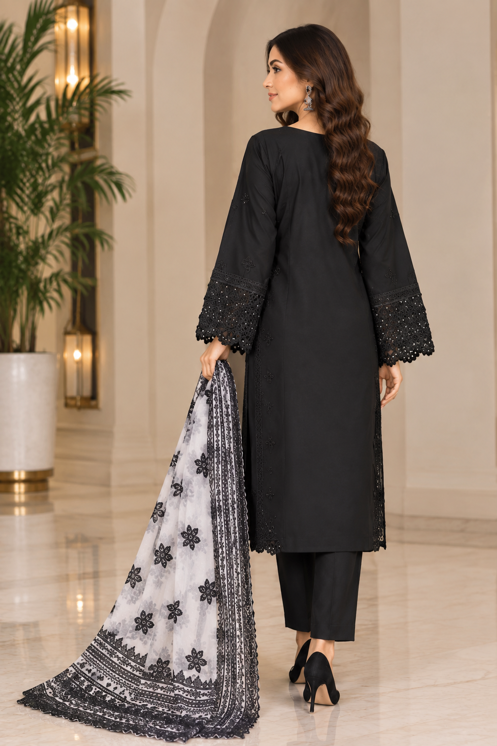 Jet Black Sequin Embroidered Pakistani Lawn 3-Piece Suit