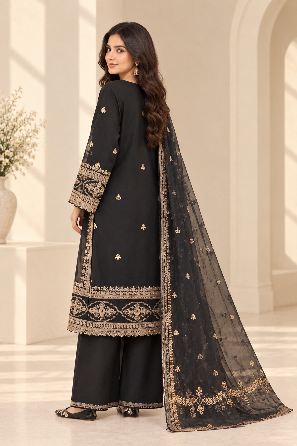 Black Gold Embroidered Pakistani Palazzo Suit