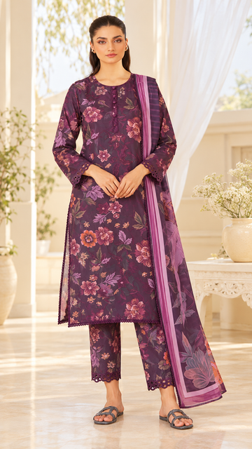 Deep Plum Floral Printed 3-Piece Suit – Customized Stitched | Ayesha Boutique