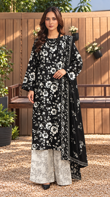 Black & White Floral Printed 3-Piece Suit – Customized Stitched | Ayesha Boutique