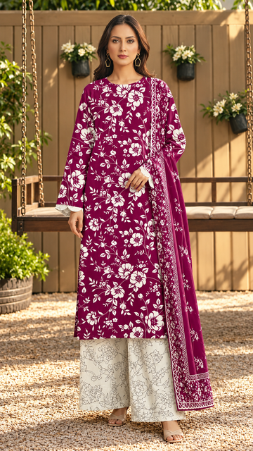 Berry Plum Floral Printed 3-Piece Suit – Customized Stitched | Ayesha Boutique