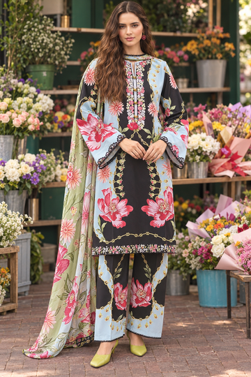 Black & Sky Blue Floral Printed 3-Piece Suit – Customized Stitched | Ayesha Boutique