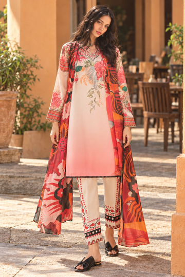 Peach & Ivory Floral Printed 3-Piece Suit – Customized Stitched | Ayesha Boutique