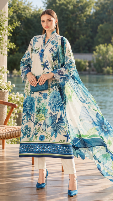 Ivory Blue Botanical Printed 3-Piece Suit – Customized Stitched | Ayesha Boutique