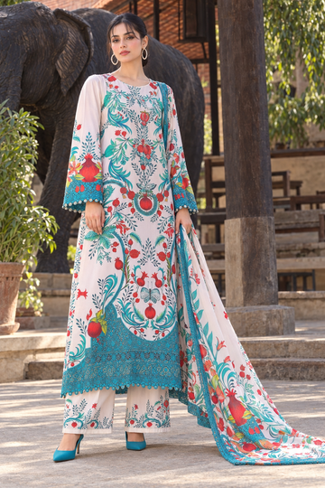 Ivory & Turquoise Floral Embroidered 3-Piece Suit – Customized Stitched | Ayesha Boutique