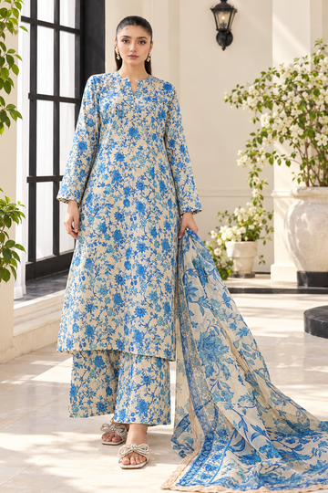 Ivory & Royal Blue Floral Printed 3-Piece Suit – Customized Stitched | Ayesha Boutique