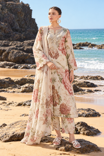 Ivory Blush Floral Printed 3-Piece Suit – Customized Stitched | Ayesha Boutique