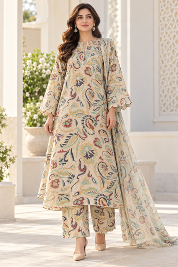 Ivory Paisley Printed 3-Piece Suit – Customized Stitched | Ayesha Boutique