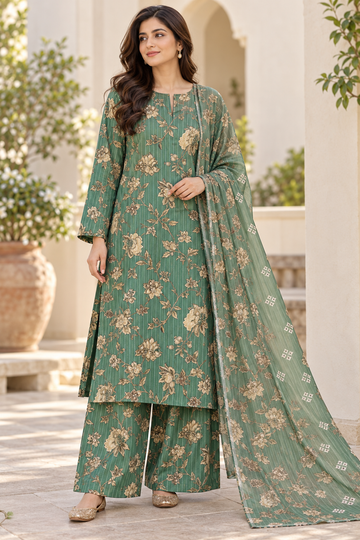 Sage Green Floral Printed 3-Piece Suit – Customized Stitched | Ayesha Boutique