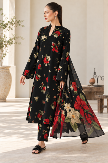 Black & Red Floral Printed 3-Piece Suit – Customized Stitched | Ayesha Boutique