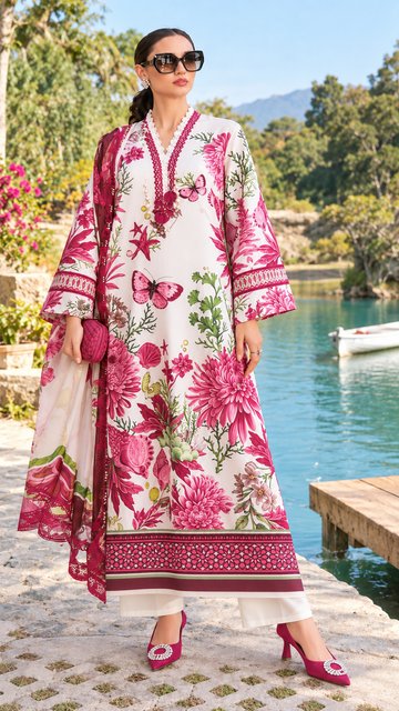 Ivory Pink Botanical Printed 3-Piece Suit – Customized Stitched | Ayesha Boutique