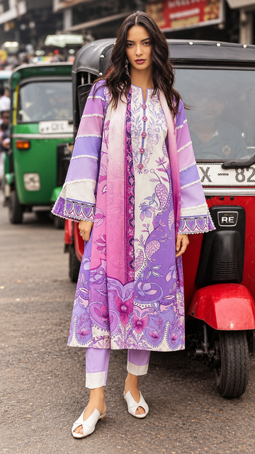 Lavender & Pink Floral Printed 3-Piece Suit – Customized Stitched | Ayesha Boutique