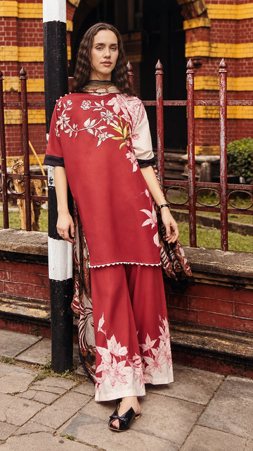 Maroon Floral Printed 3-Piece Suit with Wide-Leg Trouser – Customized Stitched | Ayesha Boutique