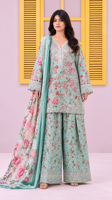 Mint Green Floral Embroidered 3-Piece Suit – Customized Stitched | Ayesha Boutique