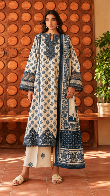 Ivory & Navy Printed 3-Piece Customized Stitched Suit – Ayesha Boutique