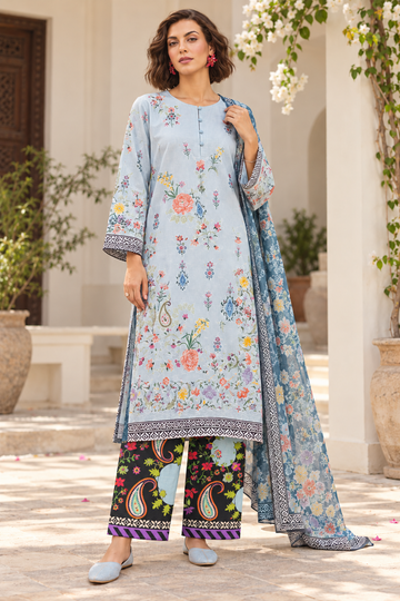 Sky Blue Multicolor Floral Printed 3-Piece Suit – Customized Stitched | Ayesha Boutique