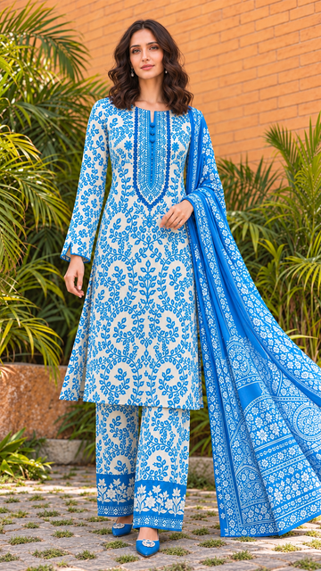 Royal Blue & White Printed 3-Piece Suit – Customized Stitched | Ayesha Boutique