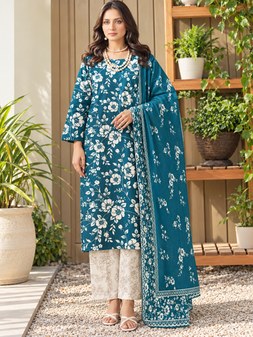 Teal Blue Floral Printed 3-Piece Suit – Customized Stitched | Ayesha Boutique