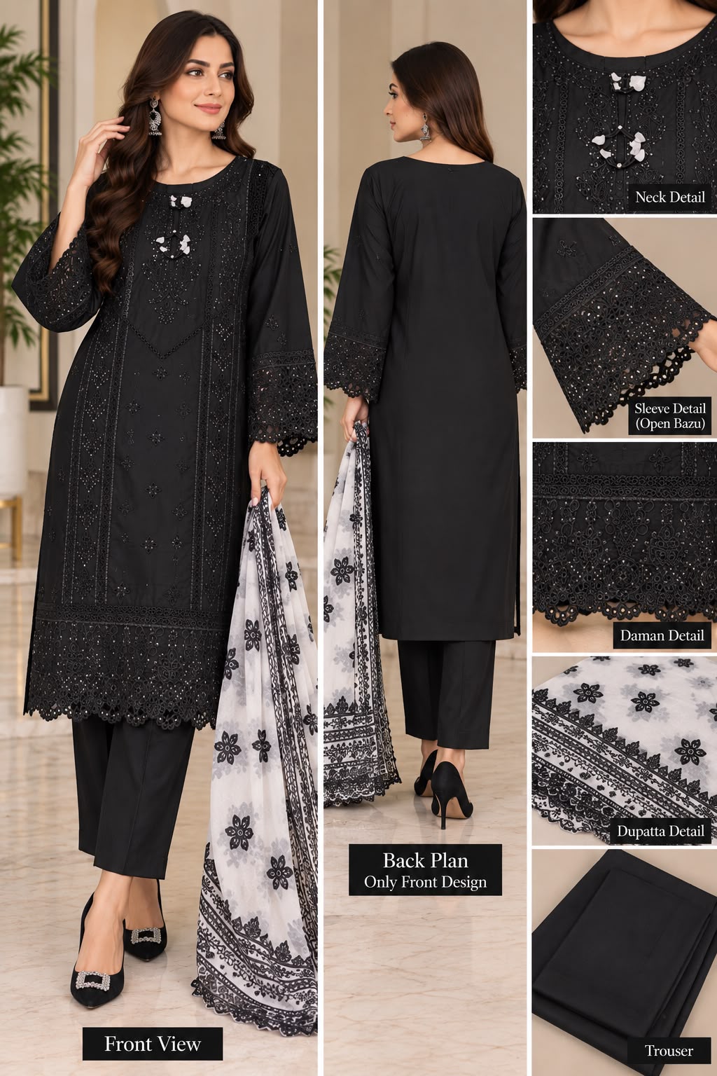 Jet Black Sequin Embroidered Pakistani Lawn 3-Piece Suit