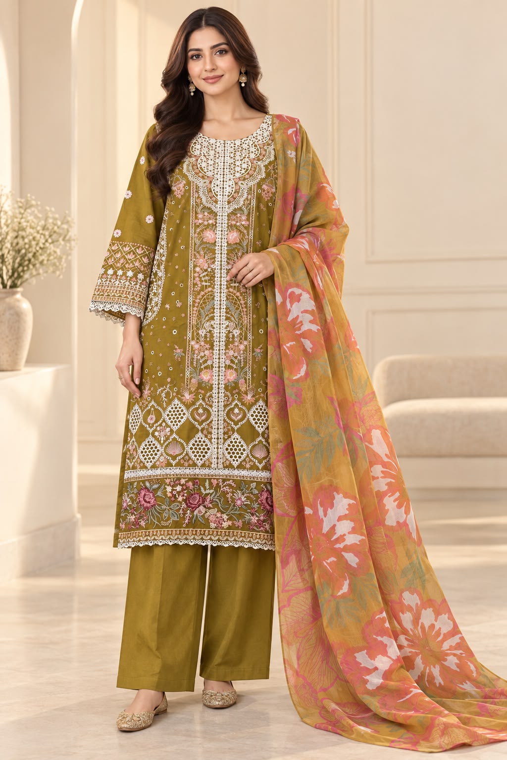 Olive Green Embroidered Pakistani Lawn Palazzo Suit