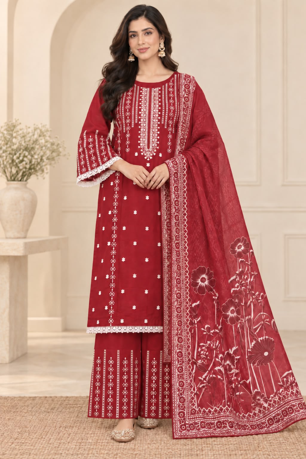 Ruby Red Floral Embroidered Pakistani Lawn Palazzo Suit