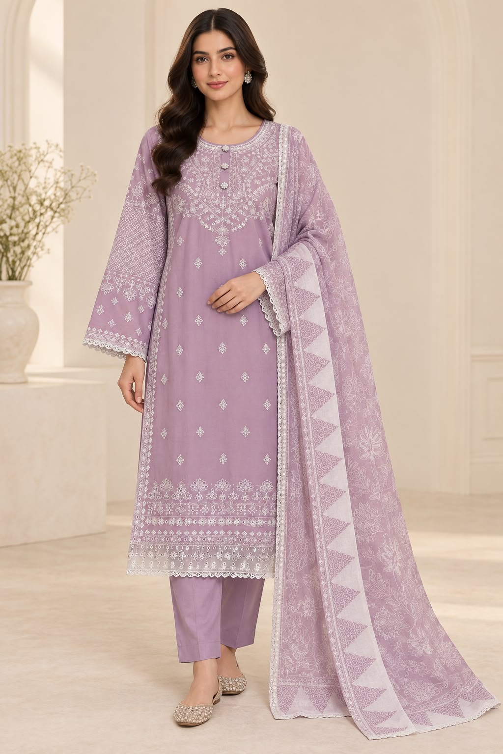 Lavender Chikankari Embroidered Pakistani Lawn 3-Piece Suit