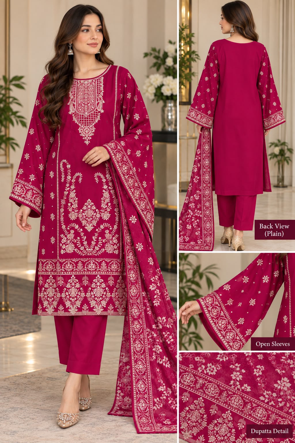 Crimson Red Embroidered Pakistani Lawn 3-Piece Suit