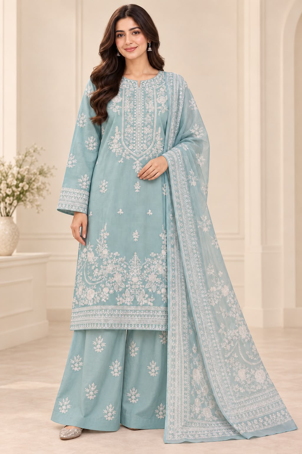 Sky Blue Floral Embroidered Pakistani Sharara Suit