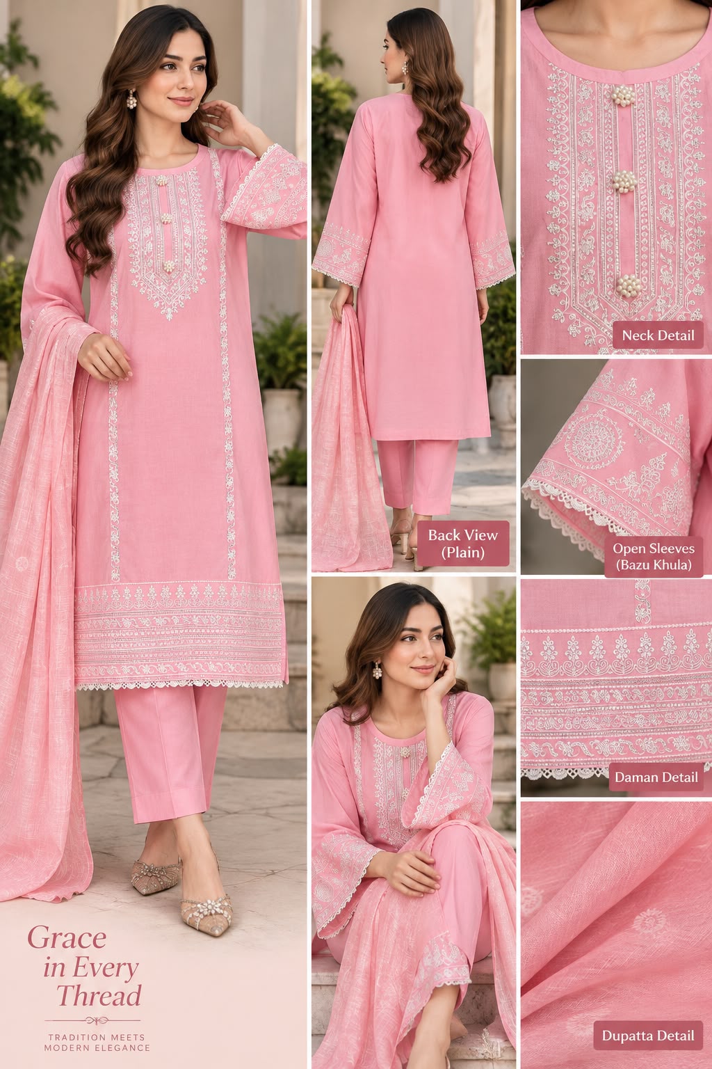 Blush Pink Chikankari Embroidered Pakistani Lawn 3-Piece Suit