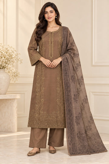 Mocha Brown Embroidered Pakistani Lawn 3-Piece Suit