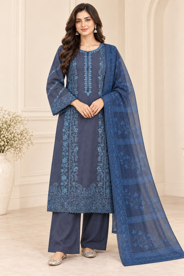 Steel Blue Embroidered Pakistani Lawn 3-Piece Suit